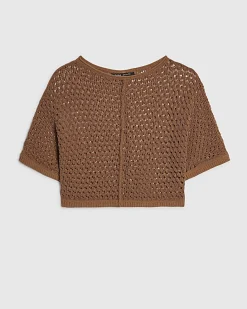 Brown Open Stitch Knitted T-Shirt
