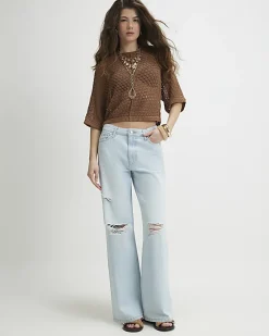 Brown Open Stitch Knitted T-Shirt