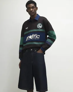 Brown Oversized Fit Stripe Rugby Polo Shirt