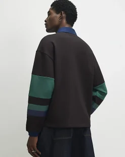 Brown Oversized Fit Stripe Rugby Polo Shirt