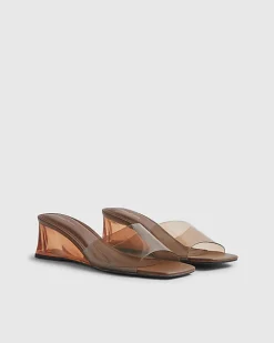 Brown Perspex Mule Wedge Sandals