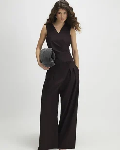 Brown Pinstripe Pleat Front Top
