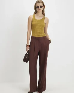 Brown Pleat Detail Wide Leg Trousers
