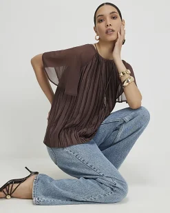 Brown Pleated Hybrid Short Sleeve T-Shirt