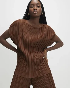 Brown Plisse Short Sleeve Top