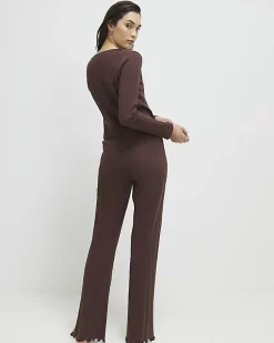 Brown Pointelle Wrap Front Loungewear Set