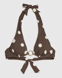 Brown Polka Dot Print Plunge Neck Bikini Top