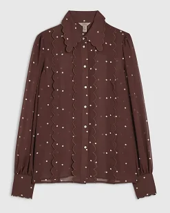 Brown Polka Dot Print Scallop Trim Shirt