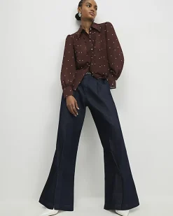 Brown Polka Dot Print Scallop Trim Shirt
