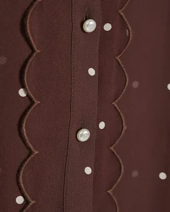 Brown Polka Dot Print Scallop Trim Shirt