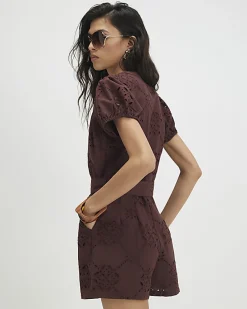 Brown Poplin Broderie Cutwork Playsuit