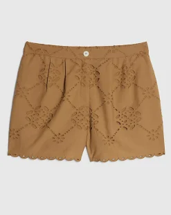 Brown Poplin Broderie Shorts