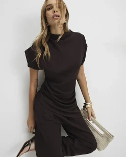 Brown Premium Short Sleeve Gathered Side Top