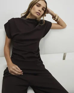 Brown Premium Short Sleeve Gathered Side Top