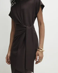 Brown Premium Short Sleeve Knot Midi Dress
