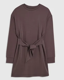 Brown Premium Tie Front Mini Sweatshirt Dress