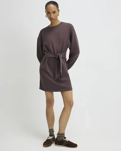 Brown Premium Tie Front Mini Sweatshirt Dress
