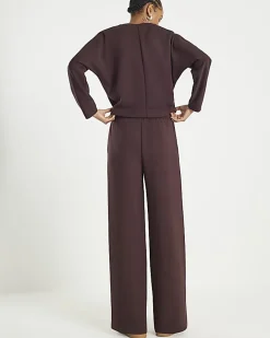 Brown Premium Wide Leg Pintuck Joggers