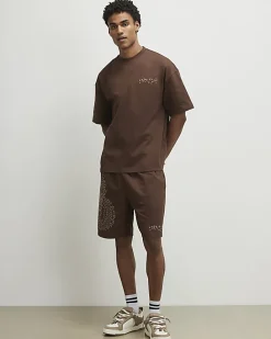 Brown Regular Fit Embroidered Dragon Shorts