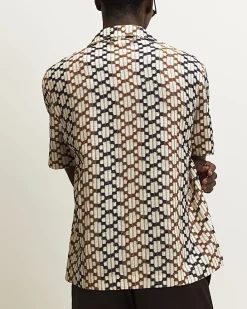 Brown Regular Fit Geometric Crochet Shirt