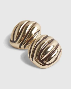 Brown Ridged Stripe Stud Earrings