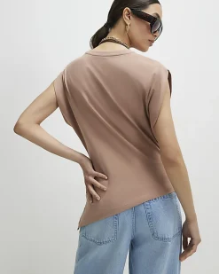 Brown Ruched Side Grown On Sleeve T-shirt