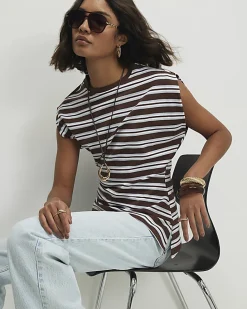 Brown Ruched Side Stripe T-shirt