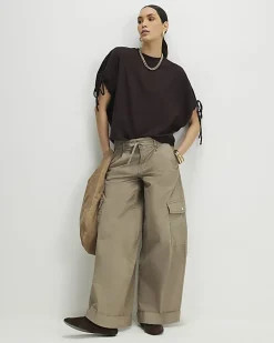Brown Ruched Sleeve T-Shirt