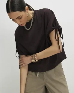 Brown Ruched Sleeve T-Shirt