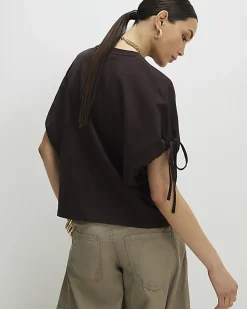 Brown Ruched Sleeve T-Shirt
