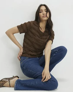 Brown Ruffle Lace Textured Top