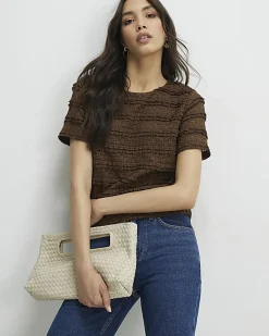 Brown Ruffle Lace Textured Top