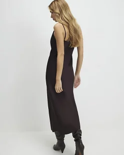 Brown Satin Cowl Neck Lace Trim Midi Dress