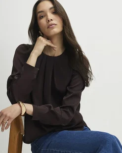 Brown Satin Long Sleeve Pleat Front Blouse