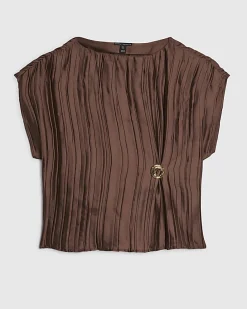 Brown Satin Plisse Gold Detail Top