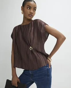 Brown Satin Plisse Gold Detail Top