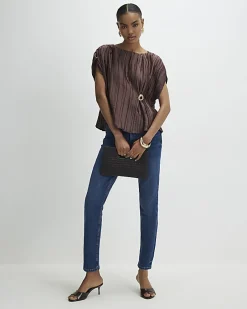 Brown Satin Plisse Gold Detail Top