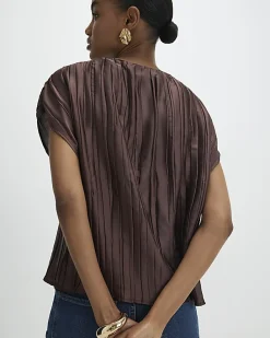 Brown Satin Plisse Gold Detail Top