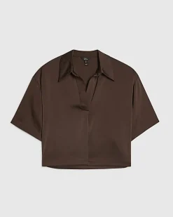 Brown Satin Short Sleeve Polo Top