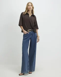 Brown Satin Short Sleeve Polo Top