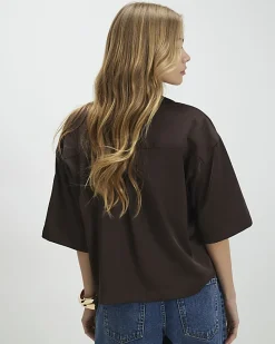 Brown Satin Short Sleeve Polo Top