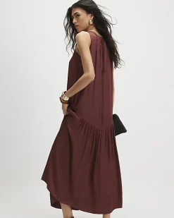 Brown Satin Sleeveless Halter Neck Midi Dress
