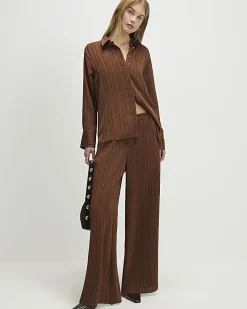 Brown Satin Striped Crinkle Blouse