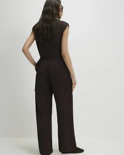 Brown Satin Wide Leg Cargo Trousers