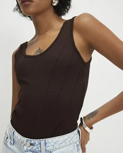 Brown Scoop Neck Seam Trim Bodysuit