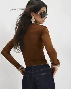 Brown Semi Sheer Long Sleeve Top