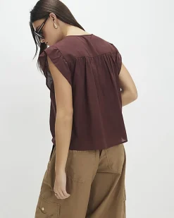 Brown Shirred Tie Neck Top