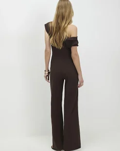 Brown Short Sleeve Asymmetric Drape Jumpsuit