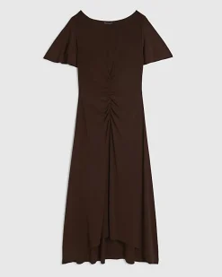 Brown Short Sleeve Cinched Waist Midi Dress