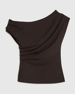 Brown Short Sleeve Drape Off Shoulder Top